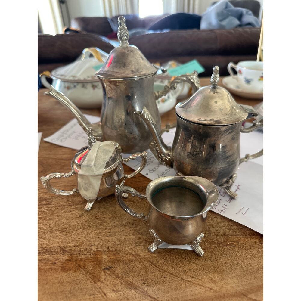 Antique Silverplate Tea Set, Coffee Pot, Teapot, Sugar, Creamer, small, mini set